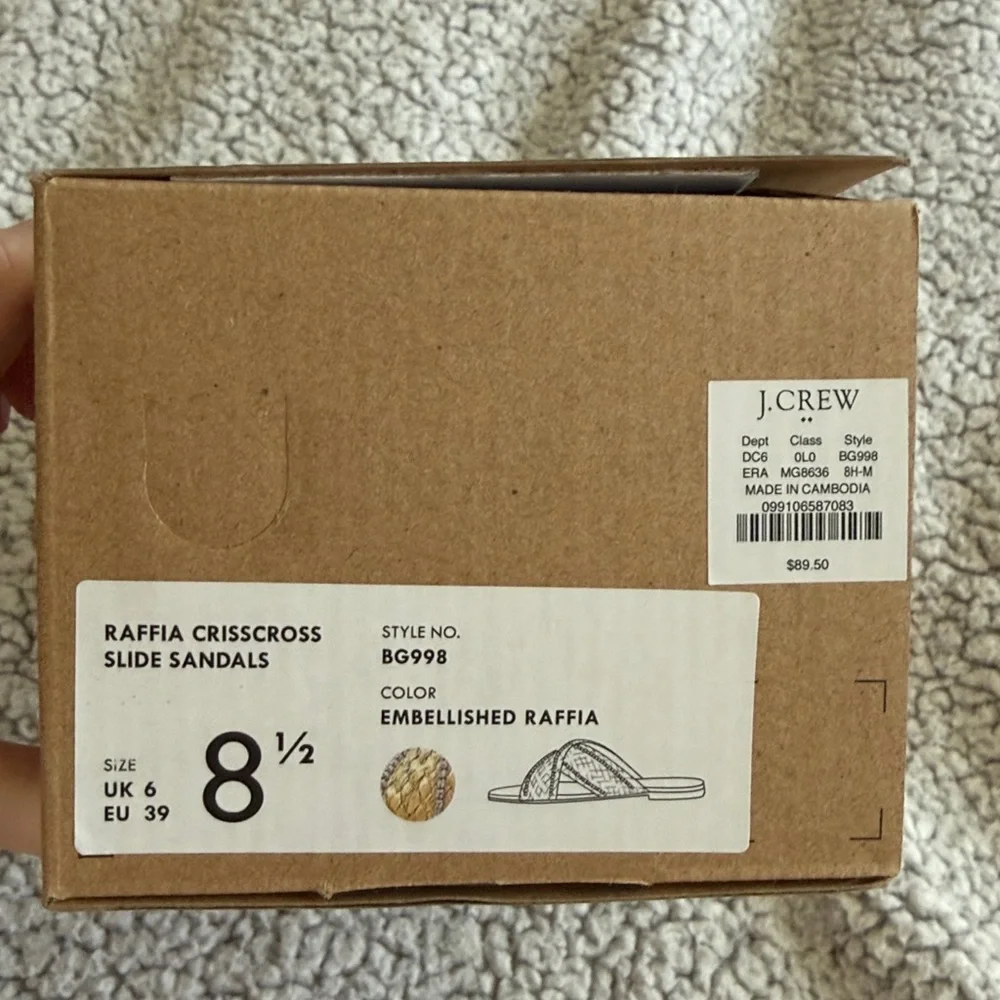 NIB J Crew Raffia Crisscross Slide Sandals With Rhinestone Lining
